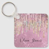 Chic pink Damask tropfen Einhorn Glitzer Monogramm Schlüsselanhänger (Vorderseite)