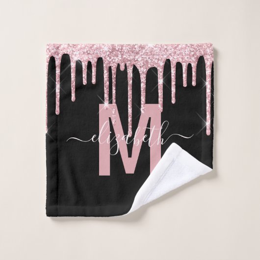 Chic Pink Drift Glitzer Monogram Name Badhandtuch Set (Waschlappen)
