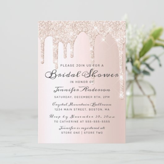 Chic Pink Dripping Glitzer Elegantes Brautparty Einladung (Stehend Vorderseite)