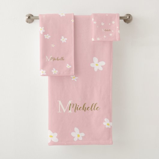 Chic Pink Farmhouse Sweet Daisies Girly Monogram Badhandtuch Set (Insitu)