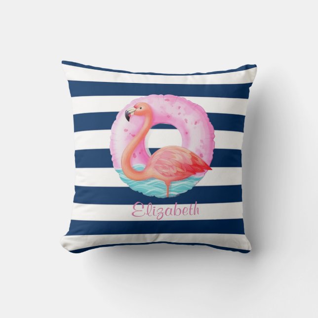 Chic Pink Flamingos Pool Float Navy Blau Streifen Kissen (Vorderseite)