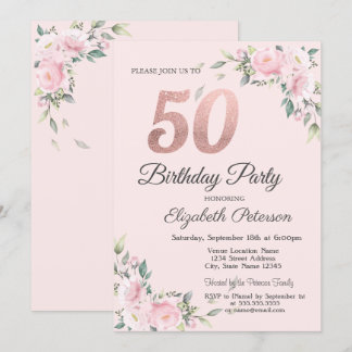 Chic Pink Floral 50. Geburtstagsparty Einladung