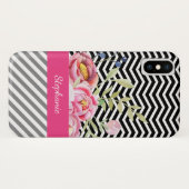 Chic Pink Floral Black and White Chevrons und Name Case-Mate iPhone Hülle (Rückseite (Horizontal))