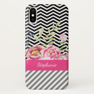 Chic Pink Floral Black and White Chevrons und Name Case-Mate iPhone Hülle