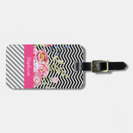 Chic Pink Floral Black and White Chevrons und Name Gepäckanhänger