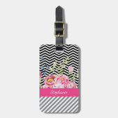 Chic Pink Floral Black and White Chevrons und Name Gepäckanhänger (Vorderseite vertikal)