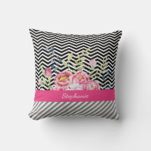 Chic Pink Floral Black and White Chevrons und Name