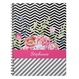 Chic Pink Floral Black and White Chevrons und Name Notizblock