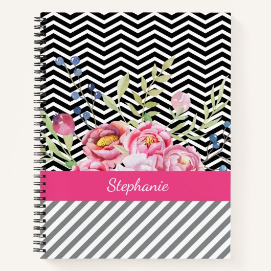 Chic Pink Floral Black and White Chevrons und Name Notizbuch (Vorderseite)