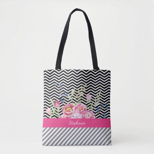 Chic Pink Floral Black and White Chevrons und Name Tasche (Vorderseite)