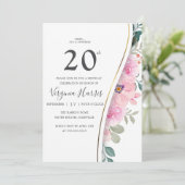 Chic Pink Floral Foliage 20. Geburtstag Einladung (Stehend Vorderseite)