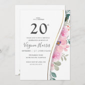 Chic Pink Floral Foliage 20. Geburtstag Einladung (Vorne/Hinten)