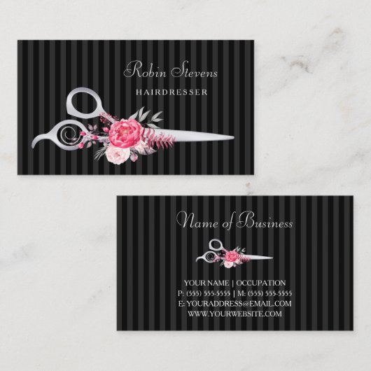 Chic Pink Floral Friseur Imitats Silberschere Visitenkarte (Vorne/Hinten)