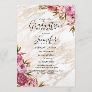 Chic Pink Floral Gold Marmor Abschluss Zeremonie Einladung