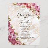 Chic Pink Floral Gold Marmor Graduation Party Einladung (Vorne/Hinten)