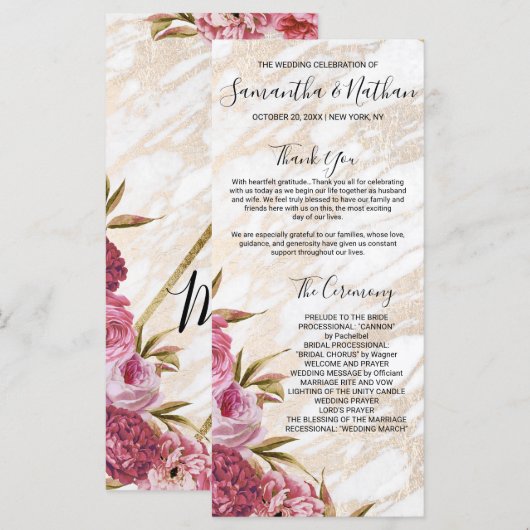 Chic Pink Floral Gold Marmor Hochzeitsprogramme Programm (Vorne/Hinten)