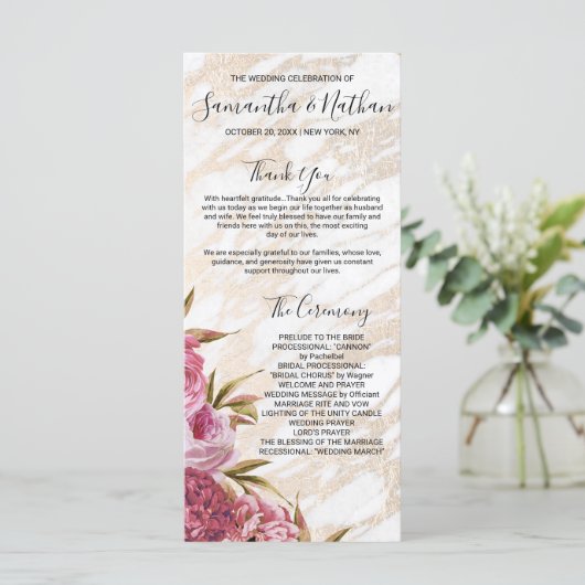 Chic Pink Floral Gold Marmor Hochzeitsprogramme Programm (Stehend Vorderseite)