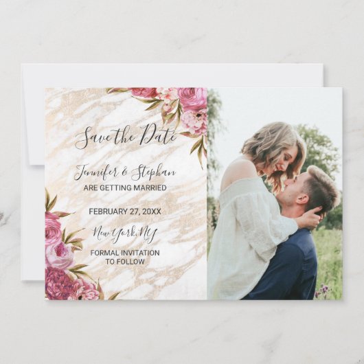 Chic Pink Floral Gold Marmor Speichern Sie die Dat Save The Date (Vorderseite)