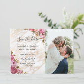 Chic Pink Floral Gold Marmor Speichern Sie die Dat Save The Date (Stehend Vorderseite)