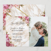 Chic Pink Floral Gold Marmor Speichern Sie die Dat Save The Date (Vorne/Hinten)
