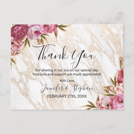 Chic Pink Floral Gold Marmor Vielen Dank Postkarte (Vorderseite)