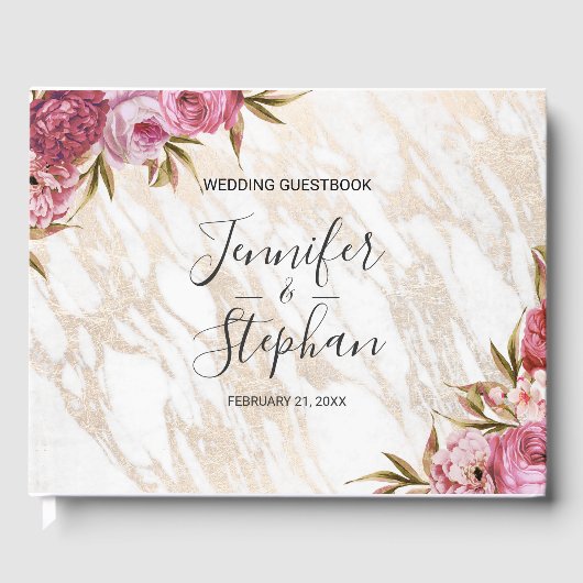 Chic Pink Floral Gold Marmor Wedding Gästebuch (Vorderseite)