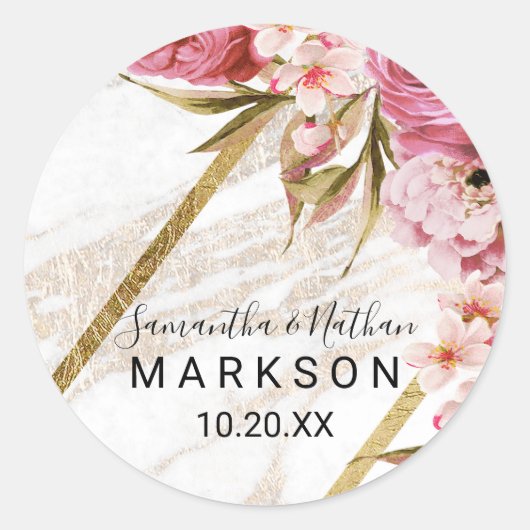 Chic Pink Floral Gold Marmor Wedding Stickers (Vorderseite)
