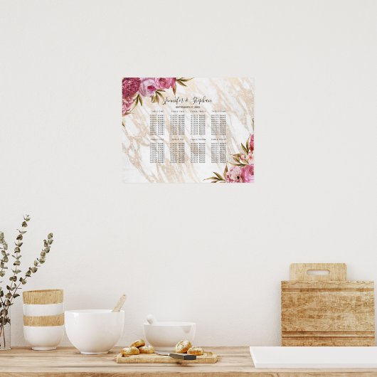 Chic Pink Floral Gold Marmorkarte Poster (Küche)