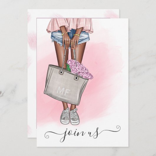 Chic Pink Floral Junggeselinnen-Abschied Monogram Einladung (Vorne/Hinten)