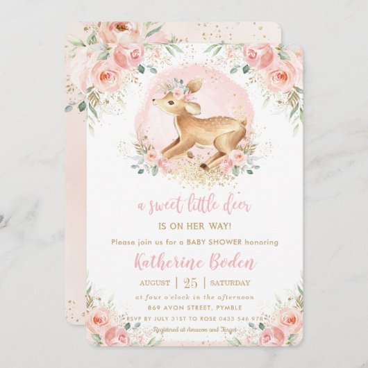 Chic Pink Floral Niedlich Hirsche Fawn Girl Babydu Einladung (Vorne/Hinten)