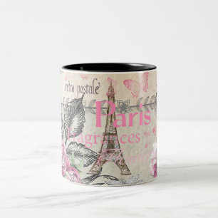 Chic pink floral Paris Eiffel Tower Typografie Zweifarbige Tasse