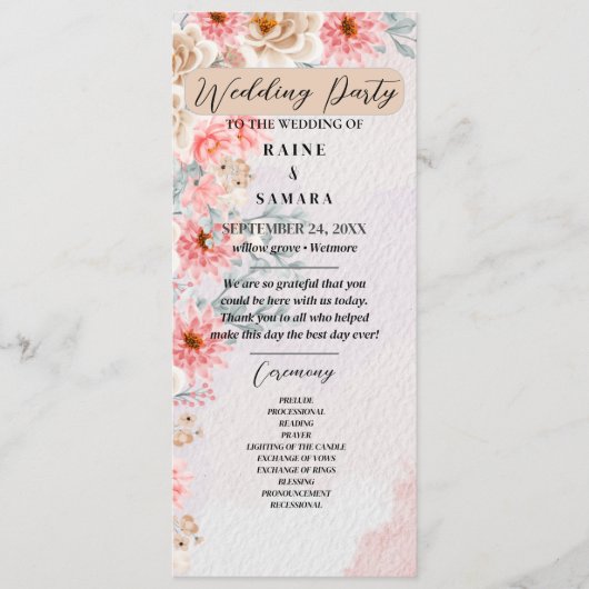 Chic Pink Floral Party Program Programm (Vorderseite)