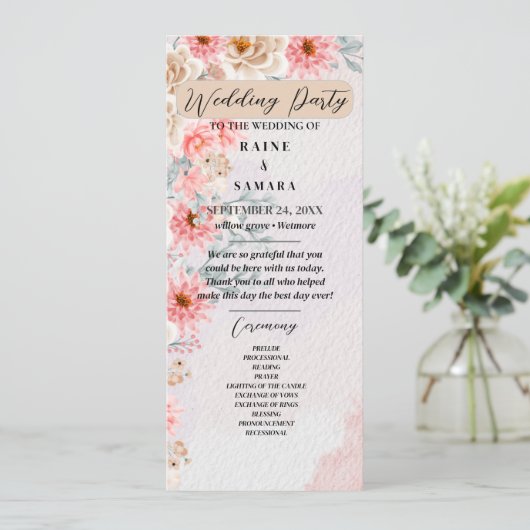 Chic Pink Floral Party Program Programm (Stehend Vorderseite)