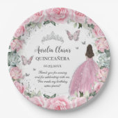 Chic Pink Floral Princess Silver Quinceañera XV Pappteller (Vorderseite)