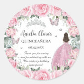Chic Pink Floral Princess Silver Quinceañera XV Runder Aufkleber (Vorderseite)