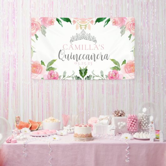 Chic Pink Floral Quinceañera Silver Tiara Party Banner (Party)
