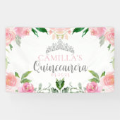 Chic Pink Floral Quinceañera Silver Tiara Party Banner (Horizontal)