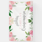 Chic Pink Floral Quinceañera Silver Tiara Party Banner (Vertikal)