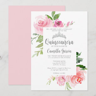 Chic Pink Floral Quinceañera Silver Tiara Party Einladung
