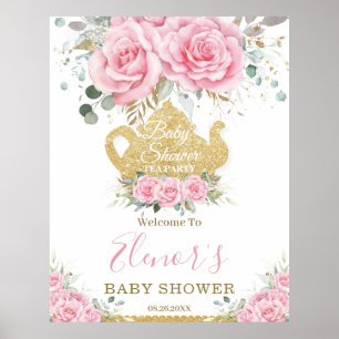 Chic Pink Floral Rose Kinderdusche Hoher Tee Party Poster