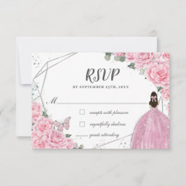 Chic Pink Floral Rose Silver Quinceañera Princess RSVP Karte