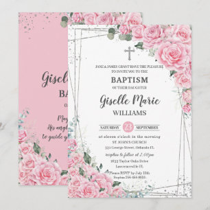 Chic Pink Floral Rose Silver Taufe Christening Einladung