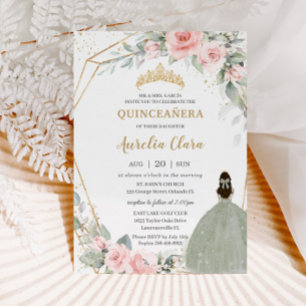 Chic Pink Floral Sage Grüne Prinzessin Quinceañera Einladung