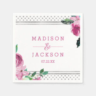 Chic Pink Floral & Silver Dots Monogram Wedding Serviette