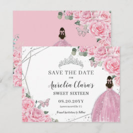 Chic Pink Floral Silver Quinceanera 16 . Geburtsta Save The Date