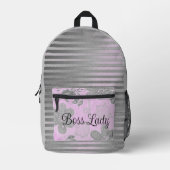 Chic Pink Floral Silver Streifen "Boss Lady" Bedruckter Rucksack (Vorderseite)