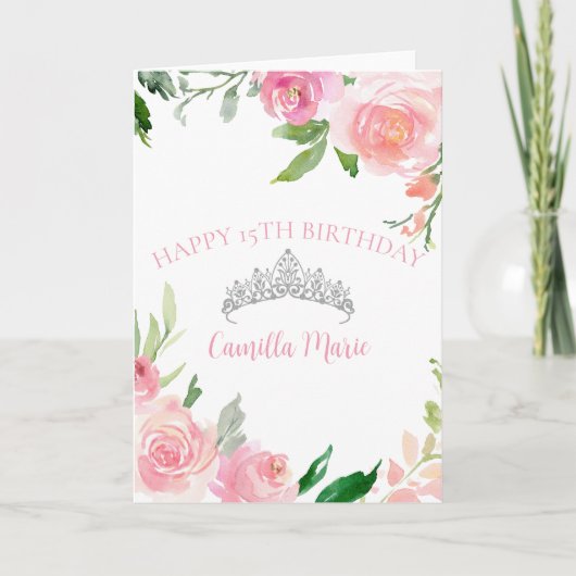 Chic Pink Floral Silver Tiara Quinceañera Geburtst Karte (Vorderseite)