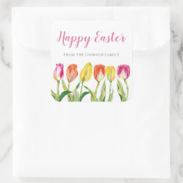 Chic Pink Floral Tulips Happy Oaster Quadratischer Aufkleber