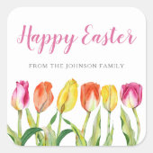 Chic Pink Floral Tulips Happy Oaster Quadratischer Aufkleber (Vorderseite)