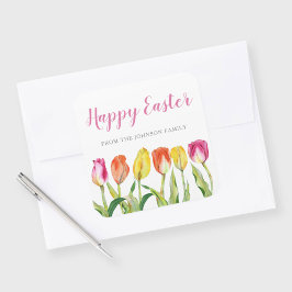 Chic Pink Floral Tulips Happy Oaster Quadratischer Aufkleber